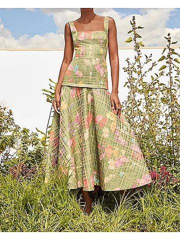 Lela Rose Floral Raffia Square Neck Dress in Cactus (view 2)