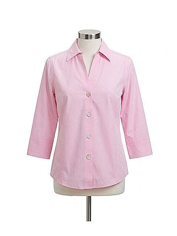 Foxcroft Paityn No Iron 3/4 Sleeve Top in Chambray Pink (view 1)