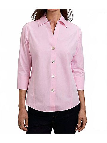 Foxcroft Paityn No Iron 3/4 Sleeve Top in Chambray Pink (view 2)