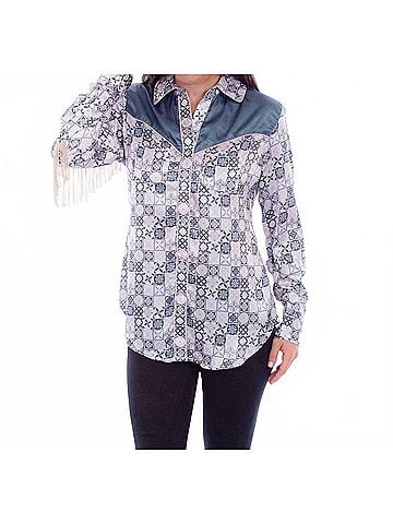 Scully Leather Long Sleeve Fringe Top in Ivory Multi (view 2)