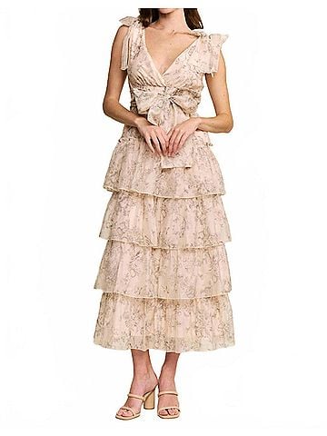 J.NNA Floral Tiered Midi Dress in Peachy Cream (view 2)