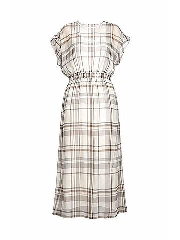 Brunello Cucinelli Women's Short-Sleeved Midi Check Dress in White, Grey, And Brown (view 1)