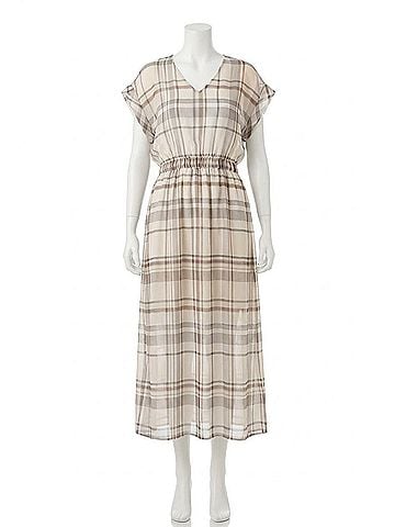 Brunello Cucinelli Women's Short-Sleeved Midi Check Dress in White, Grey, And Brown (view 2)