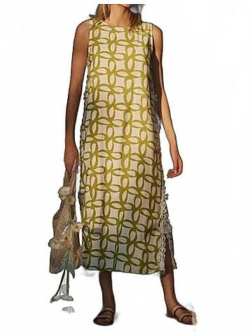 Oddi Geometric Printed Sleeveless Midi Dress in Green Apple (view 2)