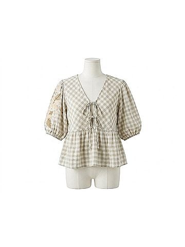 Oddi Embroidered Gingham Puff Sleeve Blouse in Sage Green (view 1)