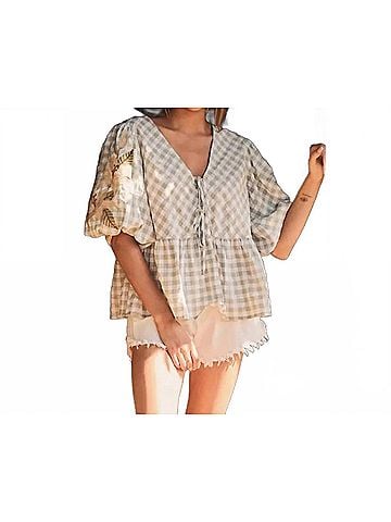 Oddi Embroidered Gingham Puff Sleeve Blouse in Sage Green (view 2)