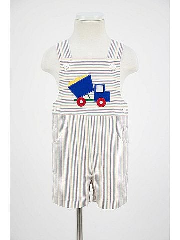 Florence Eiseman Kid's Dump Truck Stripe Seersucker Shortall in Multicolor (view 2)