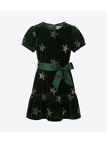 Hatley Kid's Star Sequin Velvet Dress in Green (view 2)