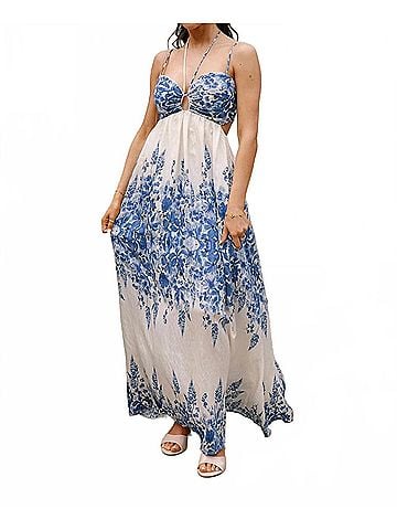 AaKaa Willow Floral Midi Dress in Ivory/Blue (view 2)