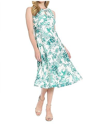 London Times Keyhole Midi Dress in Soft White/Teal (view 2)