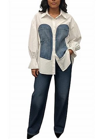 Gracia Button Down Shirt With Smock Cuffs in White/Denim (view 2)