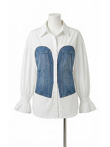 Gracia Button Down Shirt With Smock Cuffs in White/Denim (view 1)