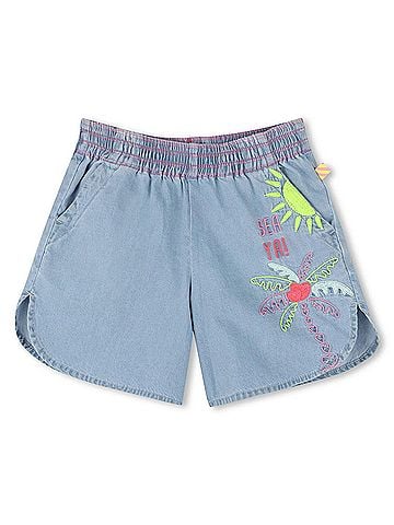 Billie Blush Girls Palm Tree Denim Shorts in Blue (view 1)