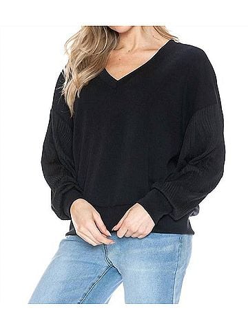 Ariella V-Neck Top With Contrast Sleeve in Black (view 2)