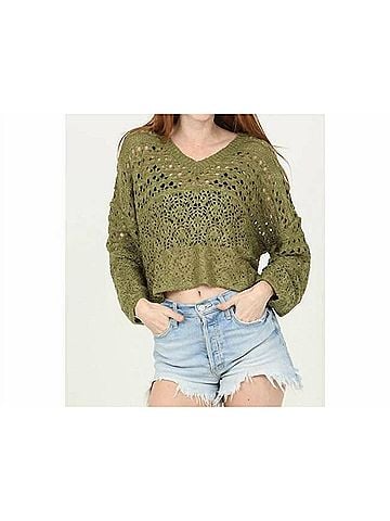 Angie V-Neck Cropped Sweater in Green (view 2)