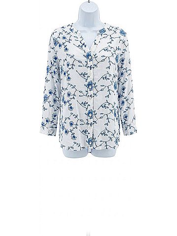 MULTIPLES Embroidered Tie Front Blouse in Blue And White (view 1)