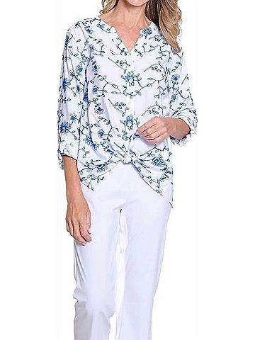 MULTIPLES Embroidered Tie Front Blouse in Blue And White (view 2)