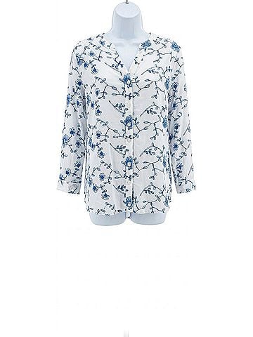 MULTIPLES Embroidered Tie Front Blouse in Blue And White (view 1)
