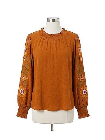 Oddi Embroidered Long Sleeve Blouse - Plus in Toffee (view 1)
