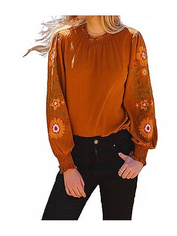 Oddi Embroidered Long Sleeve Blouse - Plus in Toffee (view 2)