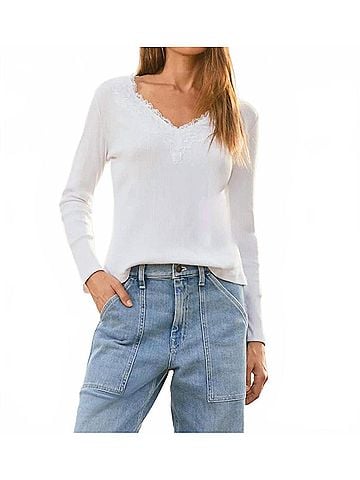 Dylan Remi V-Neck With Lace Trim Top in White (view 2)