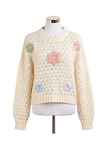 Very J Hand Made Flower Applique Sweater Top in Cream (view 1)