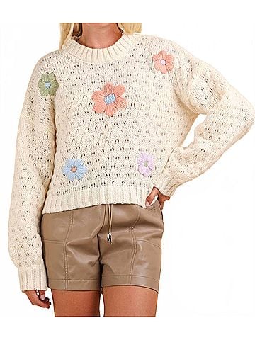 Very J Hand Made Flower Applique Sweater Top in Cream (view 2)