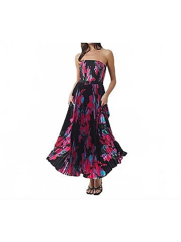 Hutch Women's Floral Pleated Strapless Maxi Dress in Black/Pink (view 2)