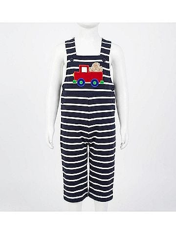 Florence Eiseman Kid's Stripe French Terry Knit Football Truck Jumpsuit in Navy/White (view 2)