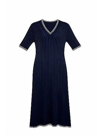 Brunello Cucinelli Women's Short Sleeve Midi Dress in Dark Navy (view 2)