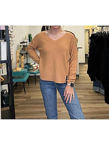 Staccato V-Neck Raw Edge Seam Pullover Sweater in Gold (view 2)