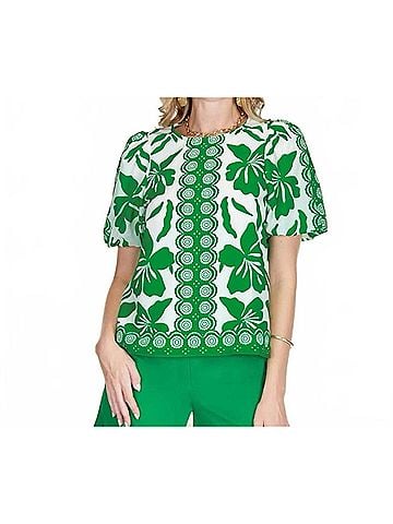 Jade Emerald Moment Puff Sleeve Top in Green And White (view 2)