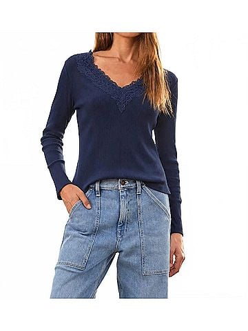 Dylan Remi V-Neck With Lace Trim Top in Navy (view 2)