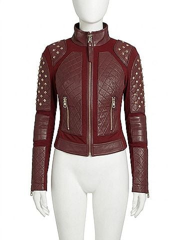Blanc Noir Pyramid Stud Mesh Genuine Leather Moto Jacket in Oxblood Red (view 1)