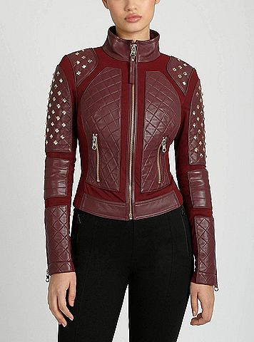 Blanc Noir Pyramid Stud Mesh Genuine Leather Moto Jacket in Oxblood Red (view 2)