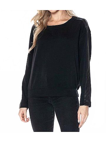 Ariella Crewneck With Pleather Sleeves Top in Black (view 2)