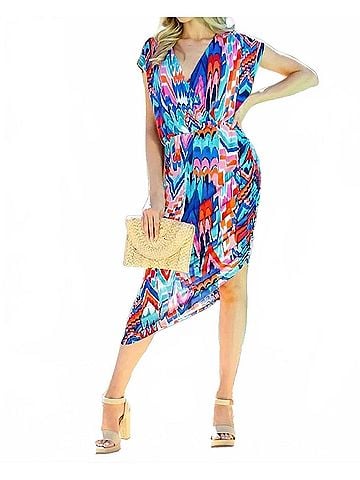 Veronica M. Shirred Asymmetrical Dress in Multicolor (view 2)
