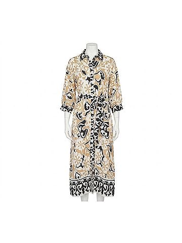 Jade The Isla Ethnic Border Maxi Shirt Dress in White/ Tan / Black (view 1)