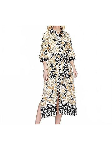 Jade The Isla Ethnic Border Maxi Shirt Dress in White/ Tan / Black (view 2)