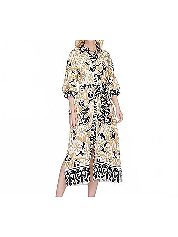 Jade The Isla Ethnic Border Maxi Shirt Dress in White/ Tan / Black (view 2)