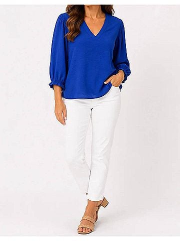 MULTIPLES Essential V Neck Blouse in Dazblu (view 2)