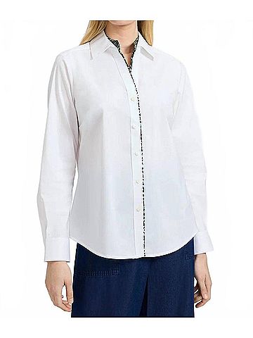 Foxcroft Leopard Trim Long Sleeve Shirt in White/ Marlee Green (view 2)