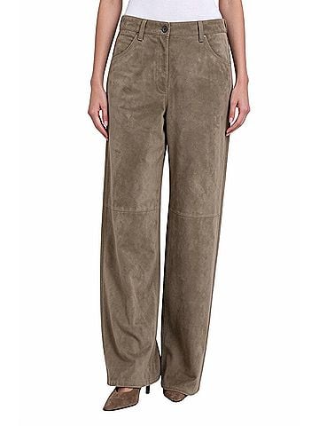 Brunello Cucinelli Women's Panelled Suede Wide-Leg Trouser in Dark Beige (view 2)