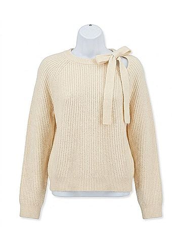 Hem & Thread Chamille Cutout Tie Detail Neck Sweater in Ivory (view 1)
