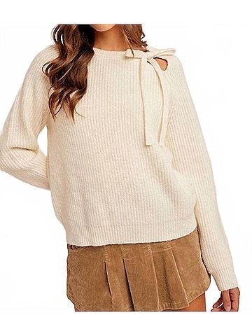 Hem & Thread Chamille Cutout Tie Detail Neck Sweater in Ivory (view 2)