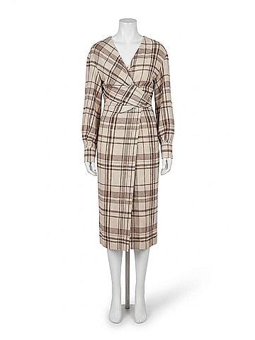 Brunello Cucinelli Plaid Wrap-Effect Midi Dress in Beige (view 1)