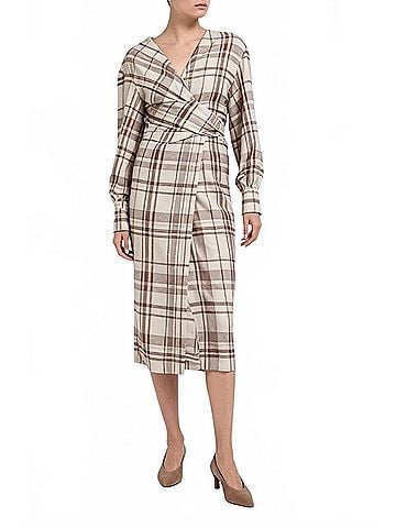 Brunello Cucinelli Plaid Wrap-Effect Midi Dress in Beige (view 2)