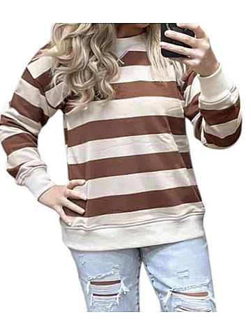 Hem & Thread Oversized Rugby Stripe Sweatshirt in Sienna Brown (view 2)