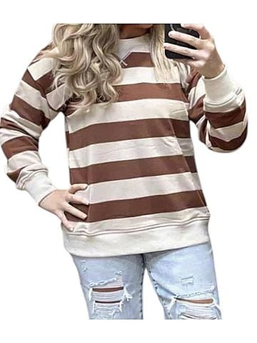 Hem & Thread Oversized Rugby Stripe Sweatshirt in Sienna Brown (view 2)