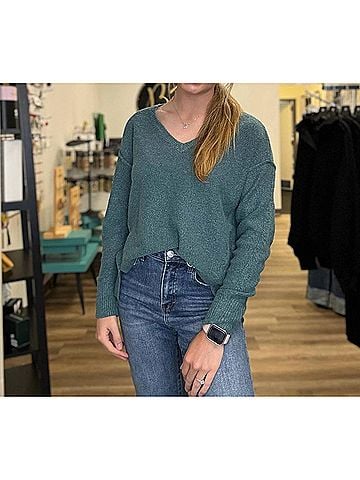 Staccato V-Neck Raw Edge Seam Pullover Sweater in Blue (view 2)